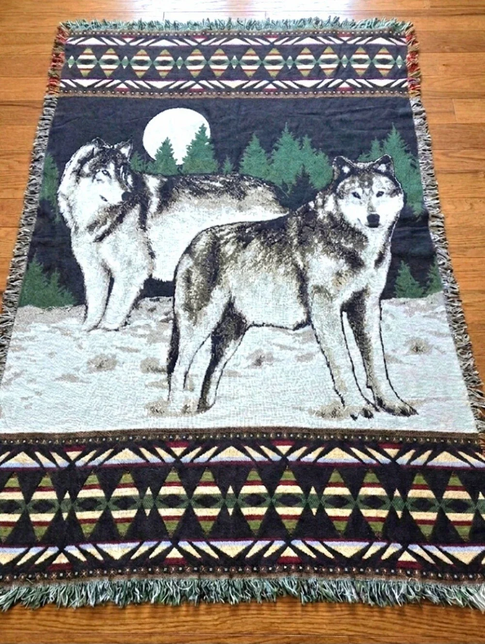 Vintage 90s Throw Blanket Wolves Moon Trim Fringe Geometric Border Lodge Cabin